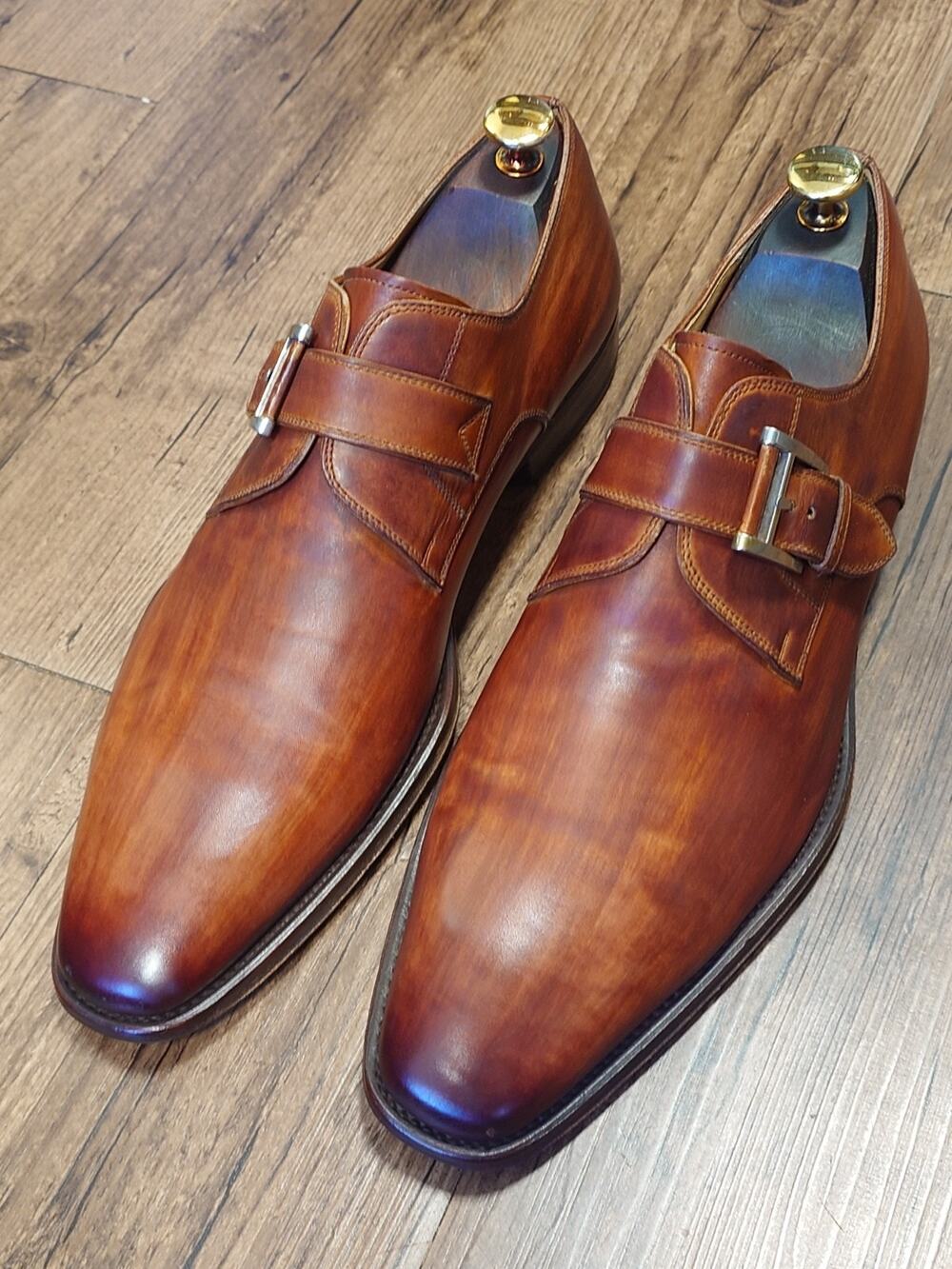 Magnanni Men’s Monk Strap 10.5M Tobacco Brown Burnished Leather Dress Shoes